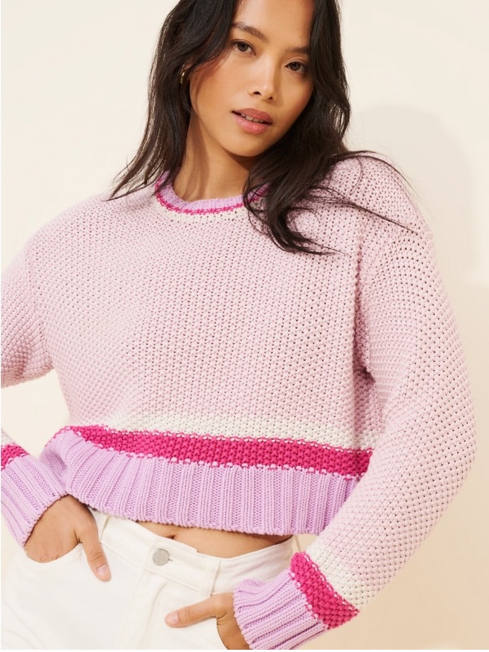 Show Me Your Mumu Pink Striped Crewneck Sweater Size: M